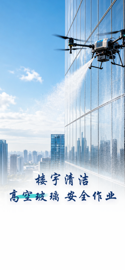 无人机在高楼玻璃幕墙旁进行清洗作业